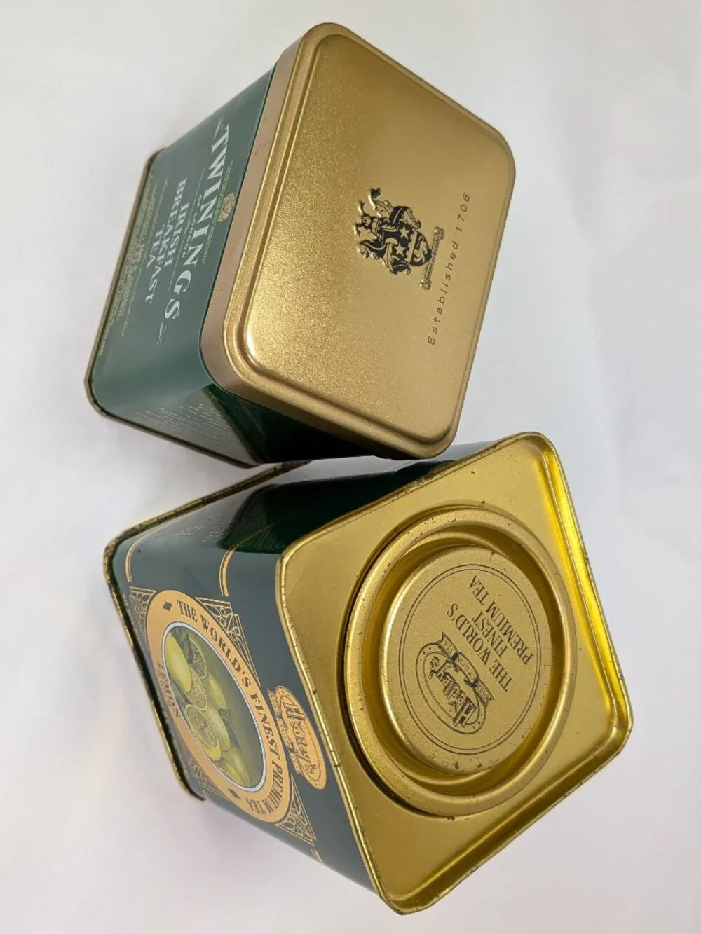 Vintage British Tea Metal Tins Collection 2pc Green & Gold Farmhouse Kitchen